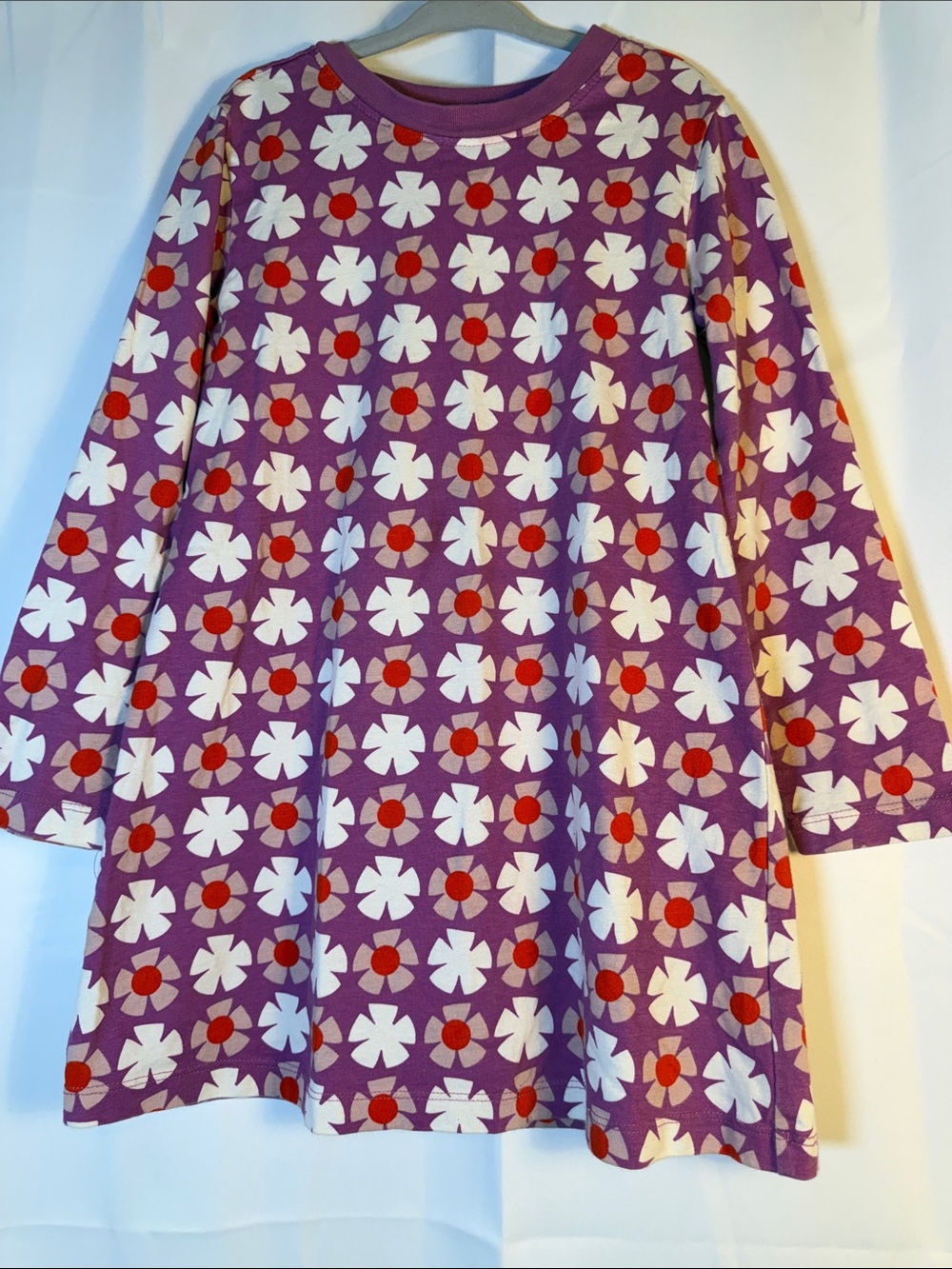 Hanna Andersson Purple Floral Long-Sleeve Dress with White and Red Accents